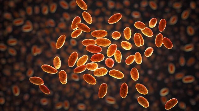 Brucella species, 3D animation showing small Gram-negative intracellular coccobacilli, causative agents of brucellosis in humans and animals.