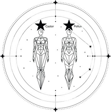 Gemini constellation twins, Castor, Pollux, celestial zodiac illustration