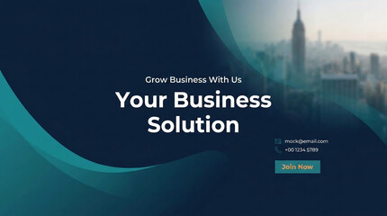 Obraz premium Abstract dark blue and teal wave design overlaying a blurred cityscape, symbolizing modern business growth and solutions, with space for text