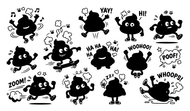 Funny Gross Cartoon Poo Characters in Playful Comic Action Vector Collection