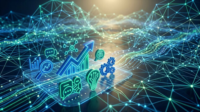 3D digital abstract network with glowing lines and nodes, showcasing business analytics, growth, and connectivity concepts on a digital platform