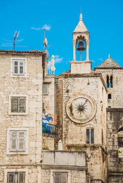 Croatia, Split old town The City Clock in Split is a unique and historic attraction that stands out for its 24-hour Roman numeral face, Dalmatia.	
