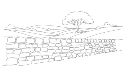 Naklejka premium Hand-drawn illustration of a stone wall, rolling hills, and a lone tree in a landscape.