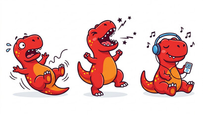 Fototapeta premium Red Cartoon Dinosaur with Headphones and Roaring Vector Set