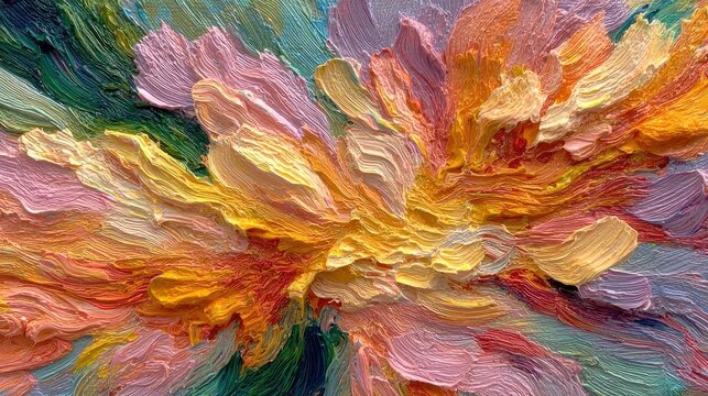 Thick impasto paint strokes in vibrant abstract floral texture