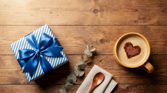 Gift box with blue ribbon and coffee cup on wooden table