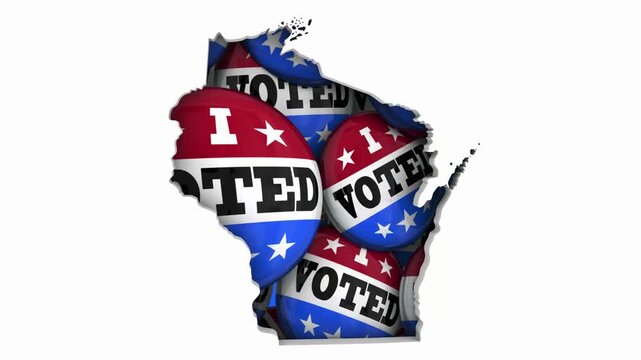 Wisconsin WI State Map I Voted Pins Buttons Election Democracy 3d Animation
