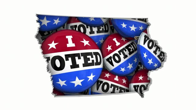 Iowa IA State Map I Voted Pins Buttons Election Democracy 3d Animation