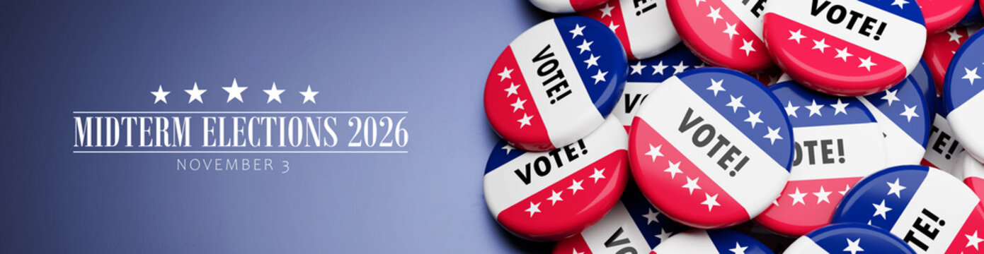 Badges with the text "Vote!" and white stars on blue and red background on a heap on a table. Text "Midterm Elections 2026 - November 3" to the left. Web banner format
