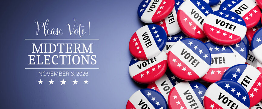 Badges with the text "Vote!" and white stars on blue and red background on a heap on a table. Text "Please Vote! - Midterm Elections - November 3, 2026" to the left. Web banner format