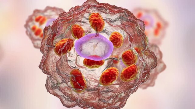 Leishmania amastigotes in macrophage, 3D animation showing intracellular round amastigote forms within human macrophages, characteristic of visceral and cutaneous leishmaniasis.