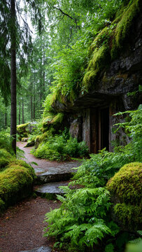 Entrance to an old abandoned secret military bunker of partisans from World War II, located in a dense forest.