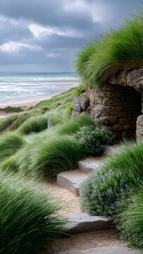 Entrance to an old abandoned secret military bunker from World War II on the Normandy coast among the dunes.
