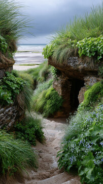 Entrance to an old abandoned secret military bunker from World War II on the Normandy coast among the dunes.