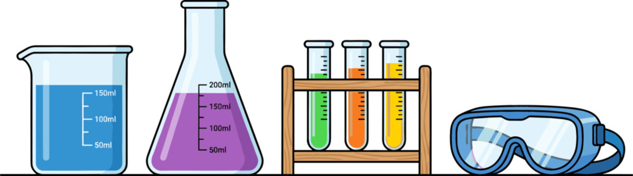 Science Laboratory Equipment Vector Set with Glass Beaker Erlenmeyer Flask Test Tubes in Rack and Safety Goggles for Chemistry Education Graphic Designs