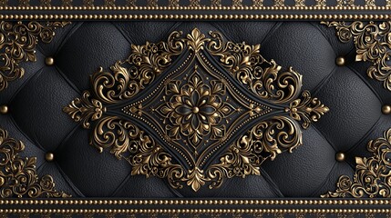 Fototapeta premium Luxurious black leather surface featuring intricate golden filigree ornaments and ornate vintage scrolling patterns for a rich elegant background design