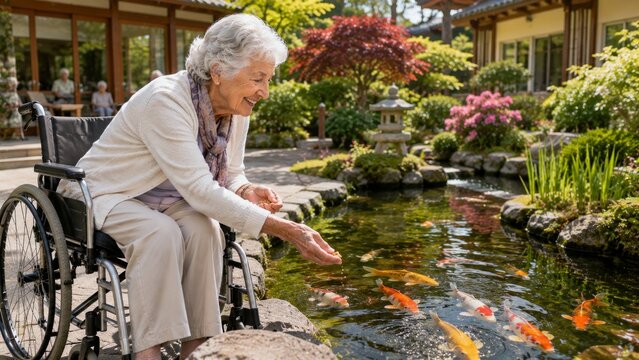 Happy senior woman in wheelchair feeding colorful koi fish in a peaceful Japanese garden at retirement community