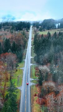 Some cottages nearby the highway in the Mount Rainer national Park, Washington State, the USA. Red car rides by the road in the forest. Top view. Vertical video