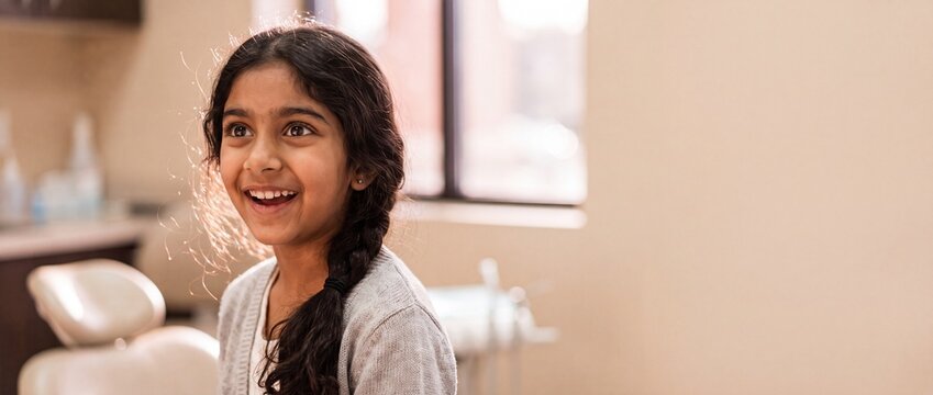 Happy Indian girl dentist checkup smiling in clinic seat with braided hair. Happy South Asian child patient getting dental care exam, brave and healthy smile concept with copy space background.