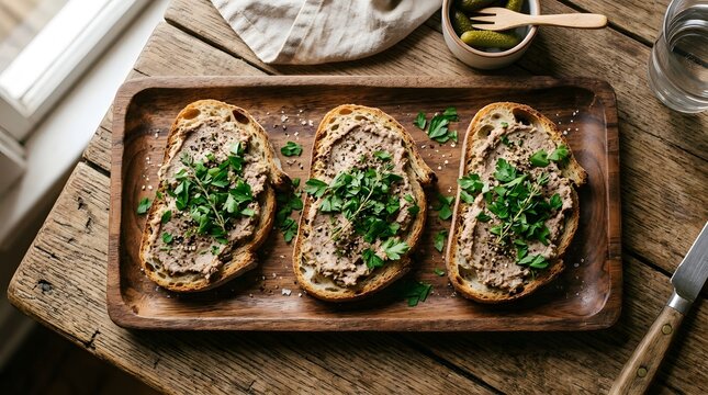 Savory Pt Toasts with Fresh Herbs on Rustic Wooden Table for a Delicious Appetizer.