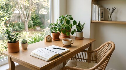 Fototapeta premium A serene and cozy minimalist workspace featuring a light wood desk next to a bright window with a view of a green garden