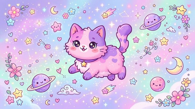 Cute cartoon cat floats in space with stars and planets