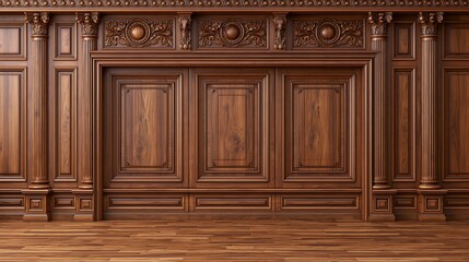 Obraz premium Elegant classic interior wall features ornate dark mahogany wood paneling with intricate carved columns and detailed traditional decorative molding patterns