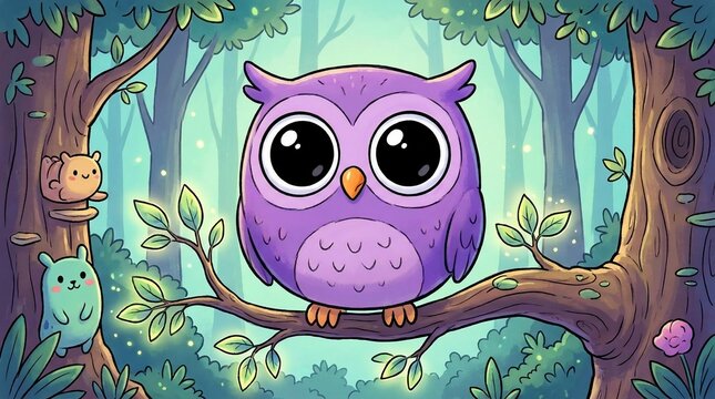 Purple owl sitting on tree branch in forest with friends