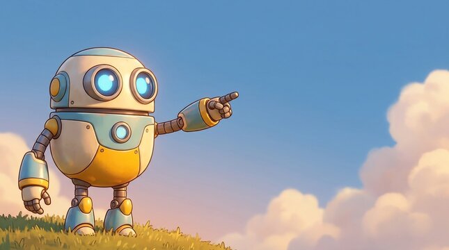 Robot pointing in a sunny meadow with clouds