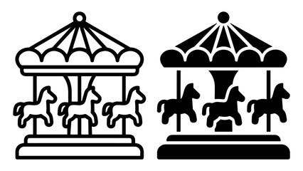 Black and white carousel horse icon set with simple and filled styles on transparent background © Ярослав Дацко