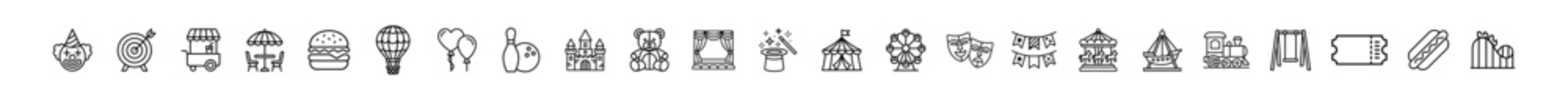 Set of carnival and amusement park icons including clown, target, food cart, outdoor seating, burger, hot air balloon, balloons, bowling, castle, teddy bear, stage, magic wand © Ярослав Дацко