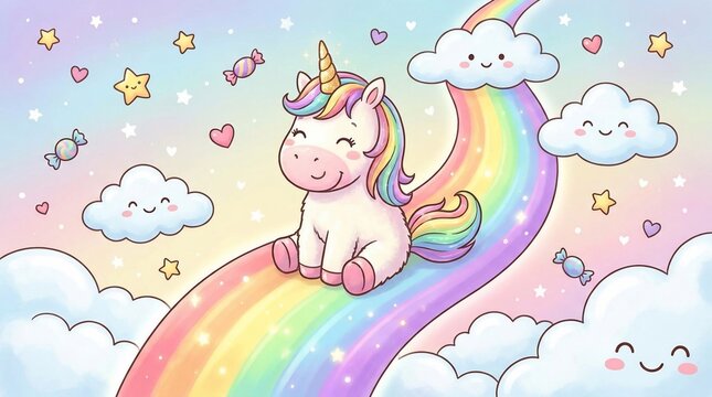 Smiling cartoon unicorn sitting on rainbow surrounded by clouds and stars