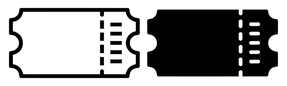 Outlined and solid icon of event or admission tickets with perforated edges and rectangular shape on transparent background