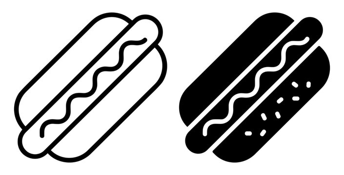 Black and white hot dog icons with bun and wavy condiment line on transparent background