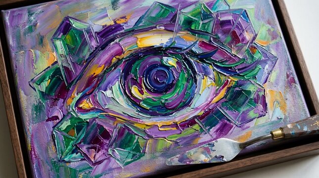 Abstract eye painting with colorful crystals, artistic framed artwork