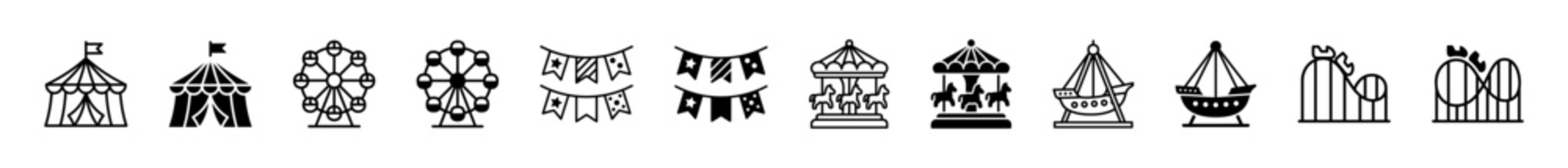 Carnival and amusement park icons including tents, ferris wheels, banners, carousels, pirate ships, and roller coasters in black and white on transparent background