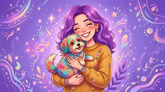 Woman Hugging Dog in Purple Glittery Garden