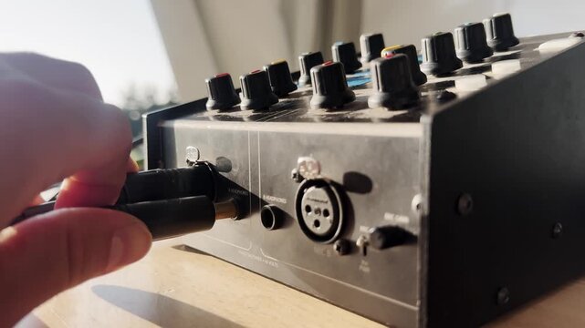 Close-up of a hand plugging a jack cable into a broadcast intercom unit, with headphone input, XLR socket, control knobs, sunlight, and production gear detail.