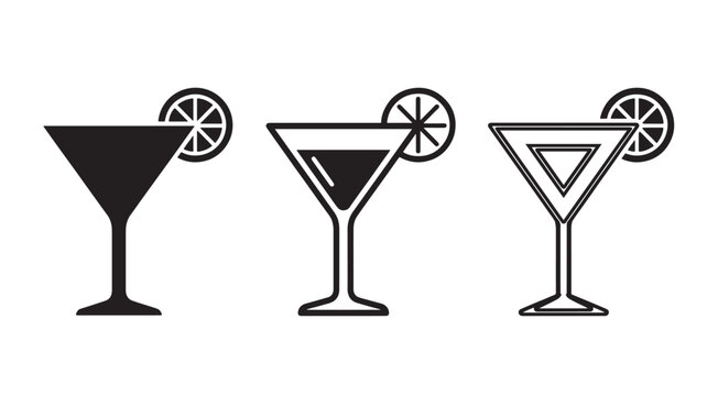 Martini Glass Icon Set with Citrus Slices and Triangular Drink Symbols for Cocktail Menu and Bar Concept Design