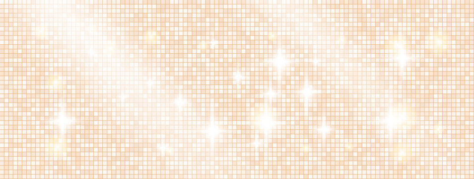 Sequin background in pale beige sparkle for invitation card. Soft sequin mosaic on a disco background by warm light. Vector dance ball backdrop with abstract gold shimmer for Christmas bg promo