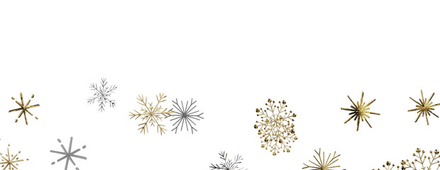 Fototapeta premium Festive winter snowflake decorations with a luxurious gold and silver metallic shine.