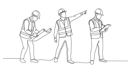 Obraz premium Continuous line drawing of three construction engineers working at a site