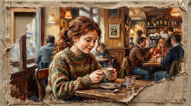 Girl sitting alone at a cafe table, sipping coffee
