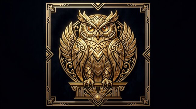 Golden ornate owl emblem on black background with decorative border
