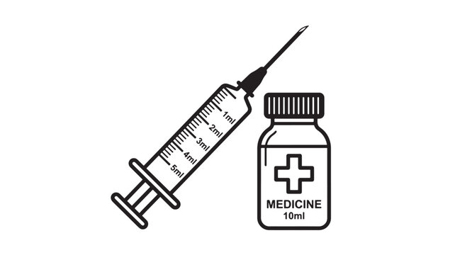 Syringe and Medicine Bottle with Cross Symbol and 10ml Label Featuring Medical, Healthcare, Injection with Medication and Pharmaceutical Elements