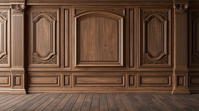 Elegant dark walnut wood wall paneling featuring intricate carved details and classic architectural molding in a luxury vintage interior room
