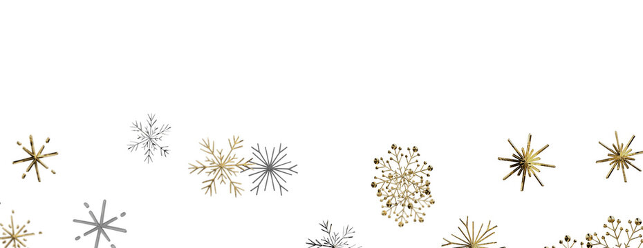 Festive winter snowflake decorations with a luxurious gold and silver metallic shine.