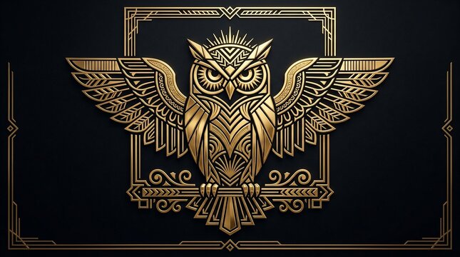 Golden owl with wings spread on black background with ornate frame