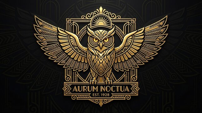 Golden owl emblem with outstretched wings on black background