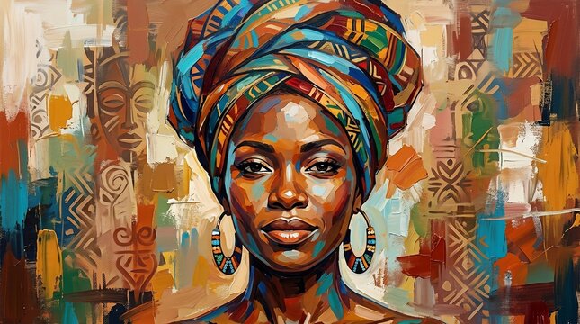 Portrait of a woman wearing colorful headwrap and earrings